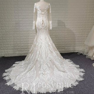 Elegant Light Champagne Lace Mermaid Wedding Dresses with Long Sleeves - Rosymae
