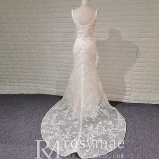 Elegant Light Champagne Mermaid Wedding Dress with V-neck - Rosymae