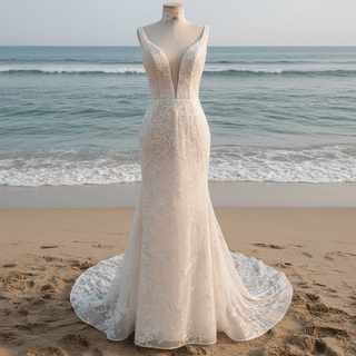 Elegant Light Champagne Mermaid Wedding Dress with V-neck - Rosymae