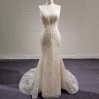Elegant Light Champagne Mermaid Wedding Dress with V-neck - Rosymae