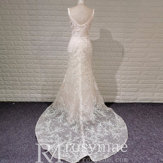 Elegant Light Champagne Mermaid Wedding Dress with V-neck - Rosymae