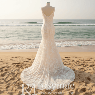 Elegant Light Champagne Mermaid Wedding Dress with V-neck - Rosymae