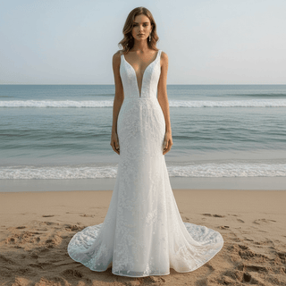 Elegant Light Champagne Mermaid Wedding Dress with V-neck - Rosymae