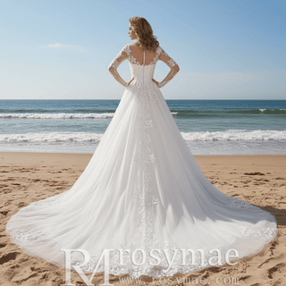 Elegant Long Sleeve Lace and Tulle A-line Wedding Dress - Rosymae