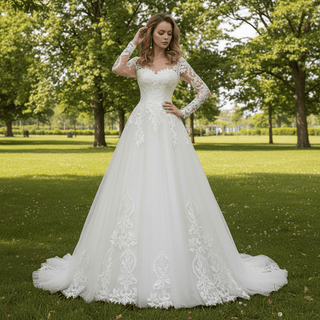 Elegant Long Sleeve Lace and Tulle A-line Wedding Dress - Rosymae