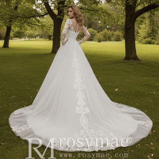Elegant Long Sleeve Lace and Tulle A-line Wedding Dress - Rosymae