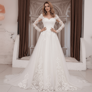 Elegant Long Sleeve Lace and Tulle A-line Wedding Dress - Rosymae