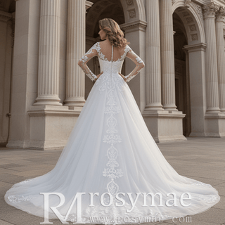 Elegant Long Sleeve Lace and Tulle A-line Wedding Dress - Rosymae