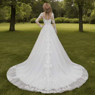 Elegant Long Sleeve Lace and Tulle A-line Wedding Dress - Rosymae