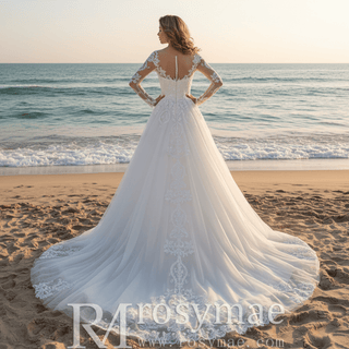 Elegant Long Sleeve Lace and Tulle A-line Wedding Dress - Rosymae