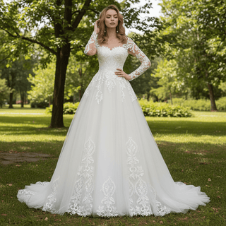 Elegant Long Sleeve Lace and Tulle A-line Wedding Dress - Rosymae