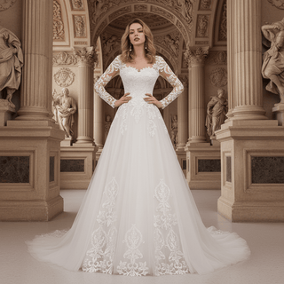 Elegant Long Sleeve Lace and Tulle A-line Wedding Dress - Rosymae