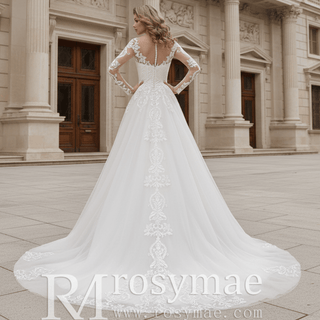 Elegant Long Sleeve Lace and Tulle A-line Wedding Dress - Rosymae