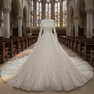 Elegant Long Sleeve Light Champange Wedding Dress with Keyhole Back - Rosymae