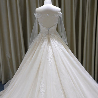 Elegant Long Sleeve Light Champange Wedding Dress with Keyhole Back - Rosymae