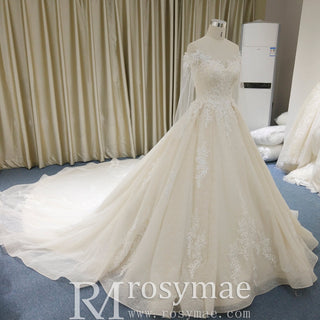 Elegant Long Sleeve Light Champange Wedding Dress with Keyhole Back - Rosymae