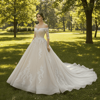 Elegant Long Sleeve Light Champange Wedding Dress with Keyhole Back - Rosymae