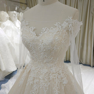 Elegant Long Sleeve Light Champange Wedding Dress with Keyhole Back - Rosymae