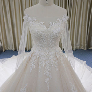 Elegant Long Sleeve Light Champange Wedding Dress with Keyhole Back - Rosymae