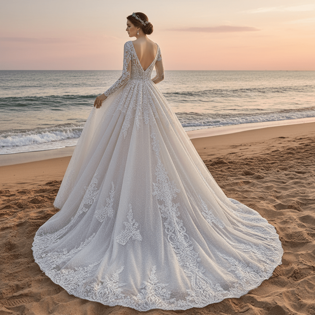 Elegant Long Sleeve Sparkly Lace Wedding Dress with Vneck - Rosymae