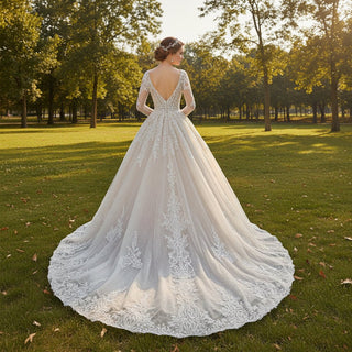 Elegant Long Sleeve Sparkly Lace Wedding Dress with Vneck - Rosymae