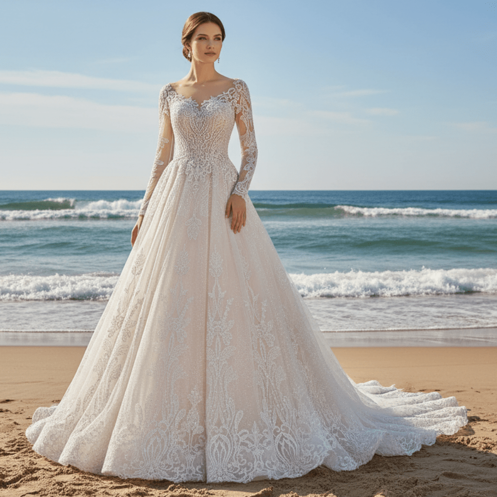 Elegant Long Sleeve Sparkly Lace Wedding Dress with Vneck - Rosymae