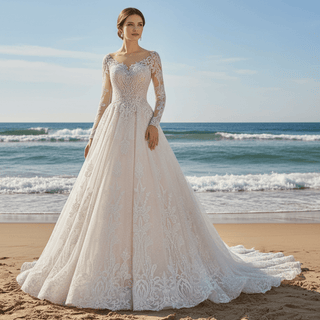 Elegant Long Sleeve Sparkly Lace Wedding Dress with Vneck - Rosymae