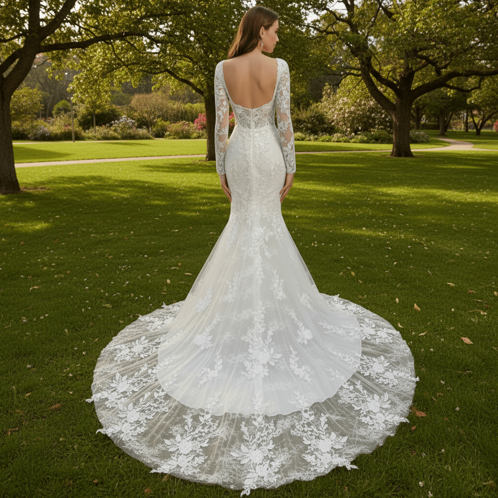 Elegant Long Sleeve Trumpet Wedding Dress with Square Neckline - Rosymae