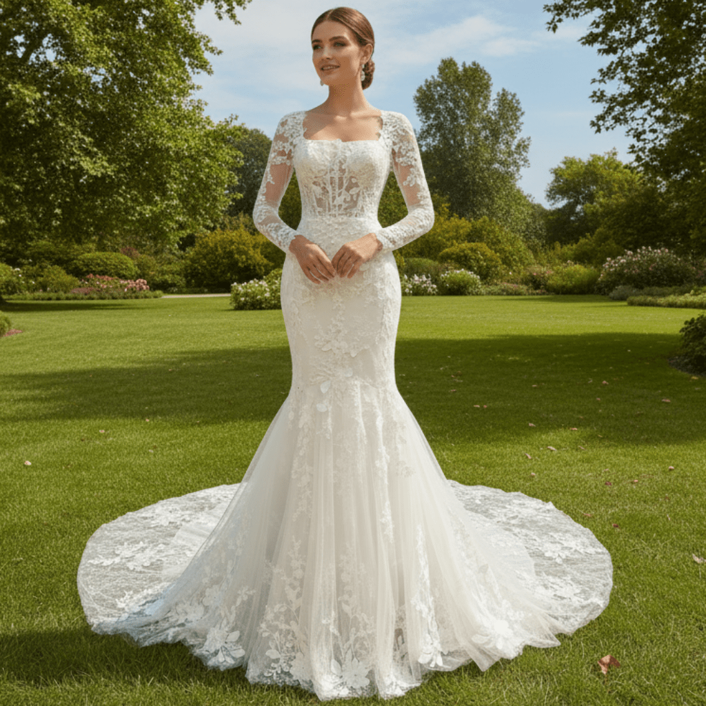 Elegant Long Sleeve Trumpet Wedding Dress with Square Neckline - Rosymae
