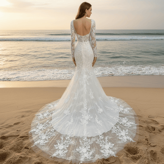 Elegant Long Sleeve Trumpet Wedding Dress with Square Neckline - Rosymae