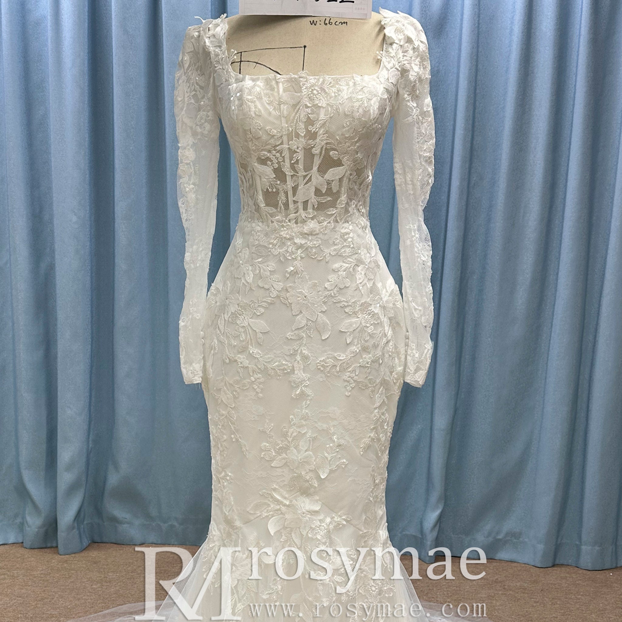Elegant Long Sleeve Trumpet Wedding Dress with Square Neckline - Rosymae