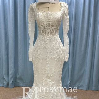 Elegant Long Sleeve Trumpet Wedding Dress with Square Neckline - Rosymae
