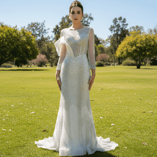 Elegant Long Sleeves Luxury Wedding Dress with Sparkly Crystals - Rosymae