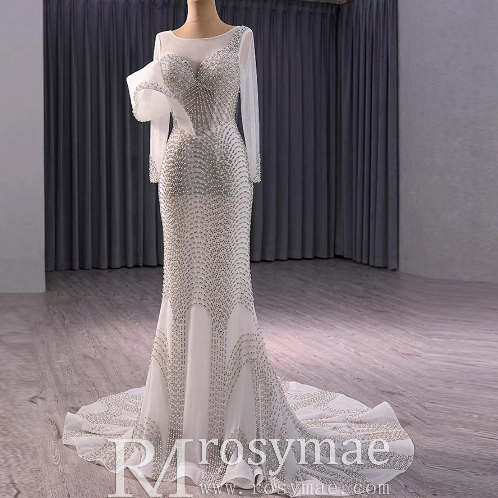 Elegant Long Sleeves Luxury Wedding Dress with Sparkly Crystals - Rosymae