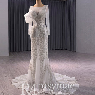 Elegant Long Sleeves Luxury Wedding Dress with Sparkly Crystals - Rosymae