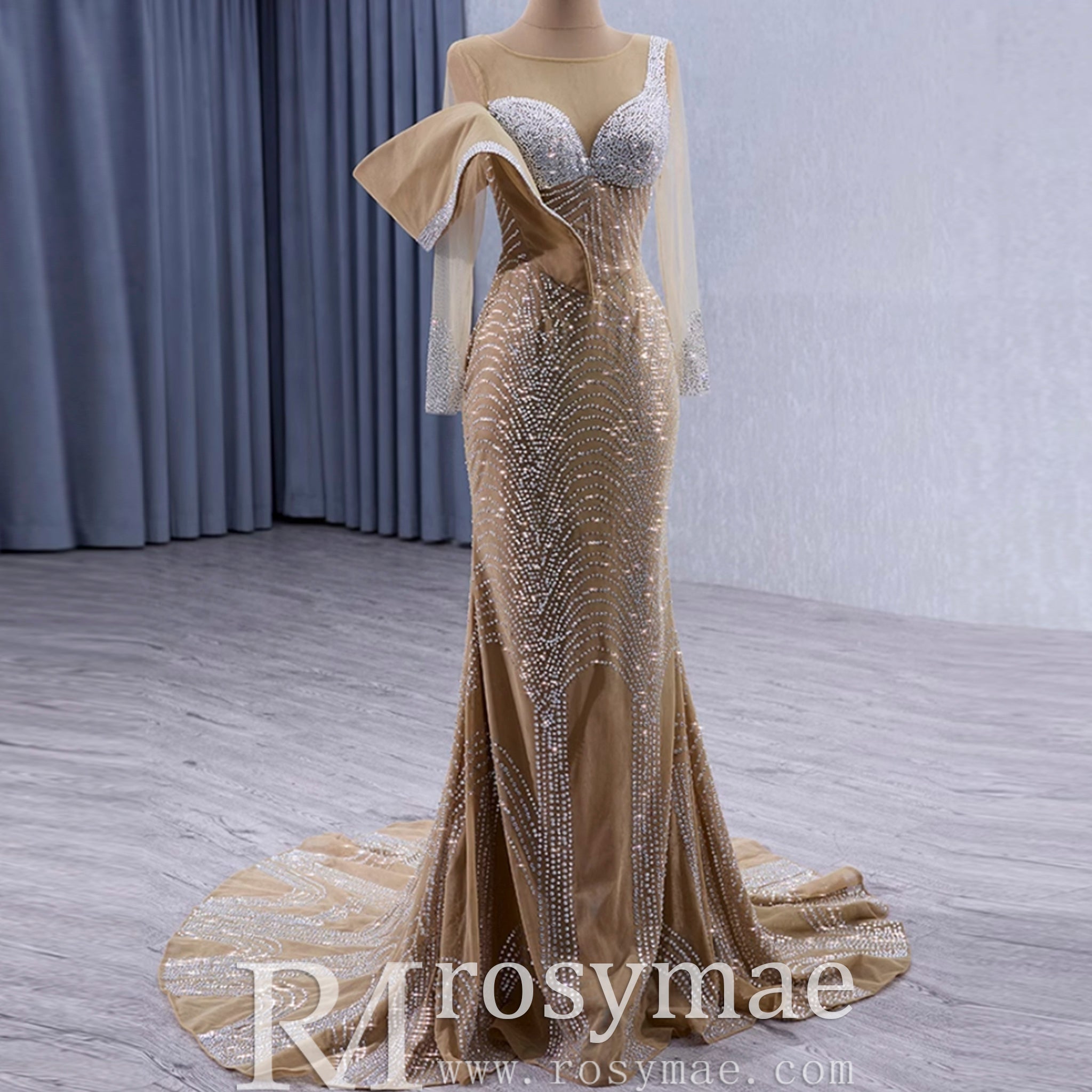 Elegant Long Sleeves Luxury Wedding Dress with Sparkly Crystals - Rosymae
