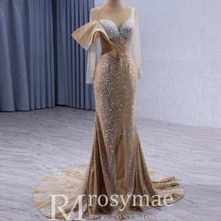 Elegant Long Sleeves Luxury Wedding Dress with Sparkly Crystals - Rosymae