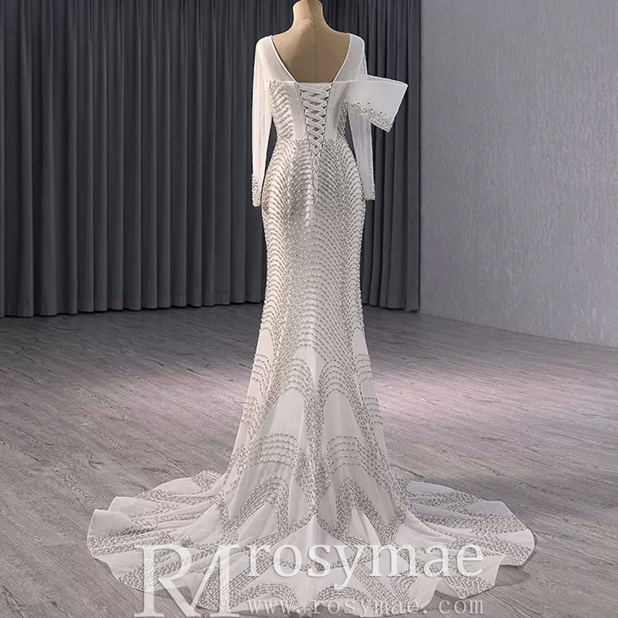 Elegant Long Sleeves Luxury Wedding Dress with Sparkly Crystals - Rosymae