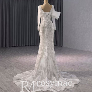 Elegant Long Sleeves Luxury Wedding Dress with Sparkly Crystals - Rosymae