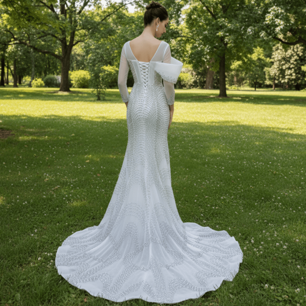 Elegant Long Sleeves Luxury Wedding Dress with Sparkly Crystals - Rosymae