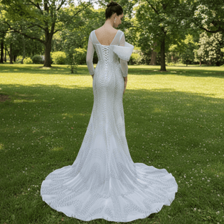 Elegant Long Sleeves Luxury Wedding Dress with Sparkly Crystals - Rosymae