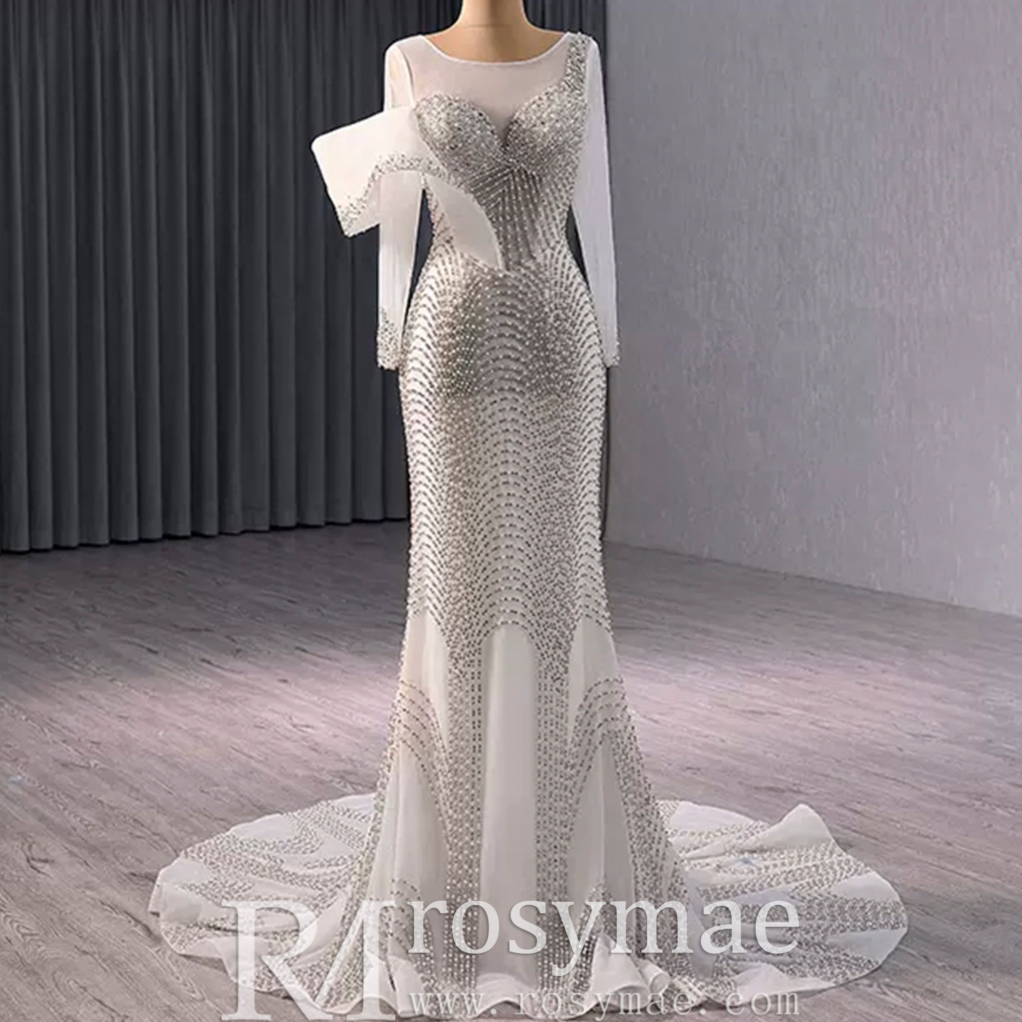 Elegant Long Sleeves Luxury Wedding Dress with Sparkly Crystals - Rosymae