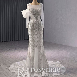 Elegant Long Sleeves Luxury Wedding Dress with Sparkly Crystals - Rosymae