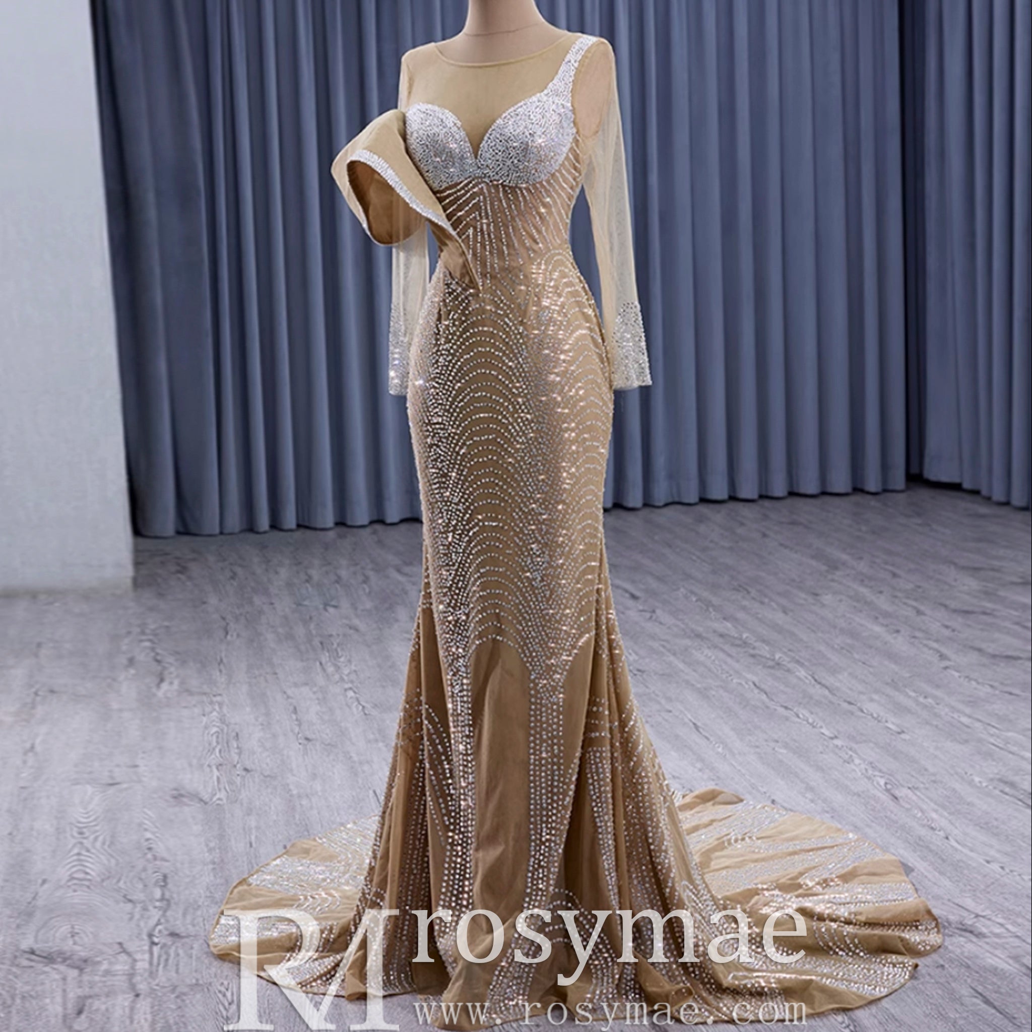 Elegant Long Sleeves Luxury Wedding Dress with Sparkly Crystals - Rosymae