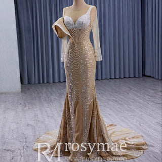Elegant Long Sleeves Luxury Wedding Dress with Sparkly Crystals - Rosymae