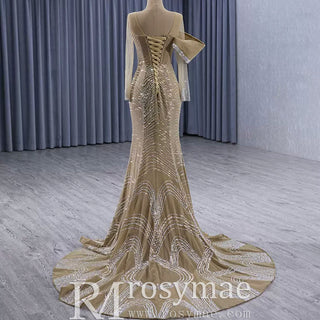 Elegant Long Sleeves Luxury Wedding Dress with Sparkly Crystals - Rosymae