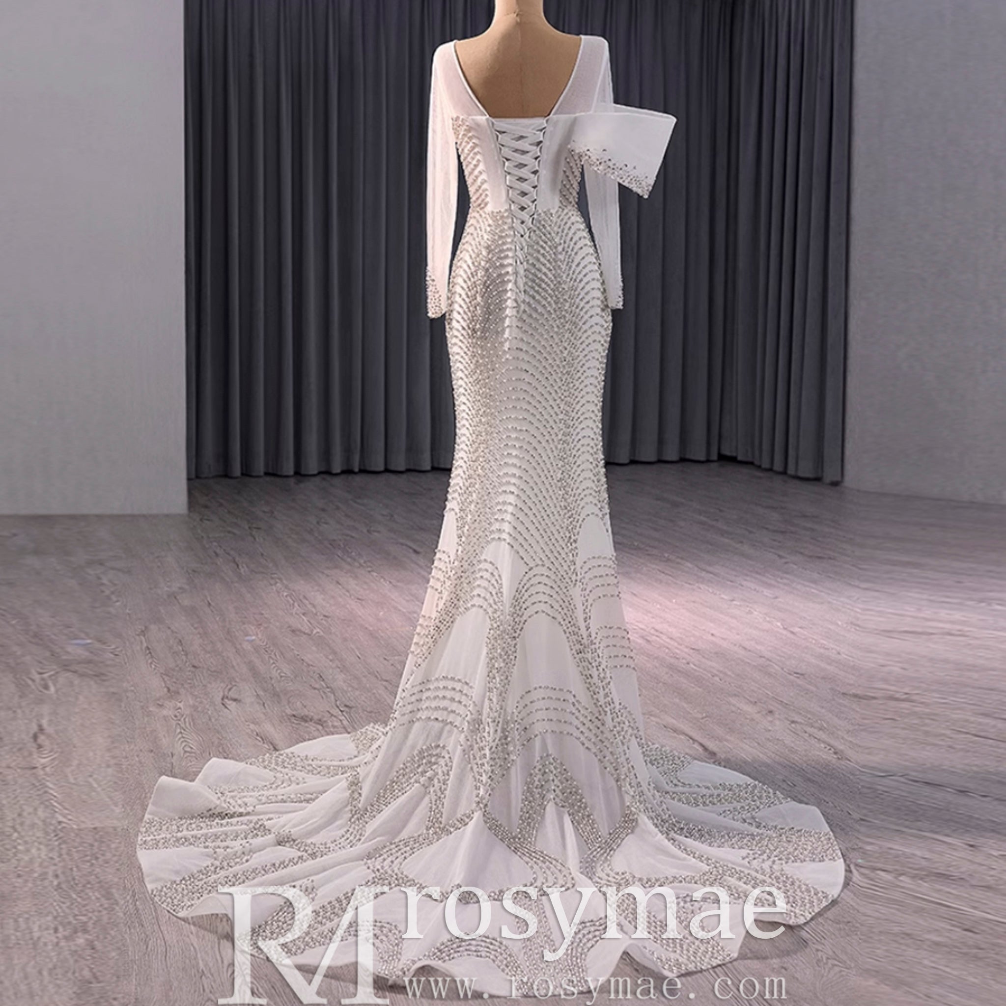 Elegant Long Sleeves Luxury Wedding Dress with Sparkly Crystals - Rosymae