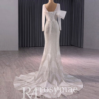 Elegant Long Sleeves Luxury Wedding Dress with Sparkly Crystals - Rosymae