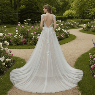 Elegant Low Open Back A-Line Wedding Dress with Deep Plunge V-Neck - Rosymae