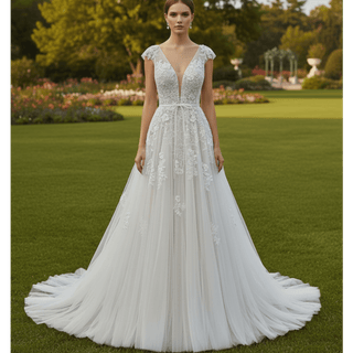 Elegant Low Open Back A-Line Wedding Dress with Deep Plunge V-Neck - Rosymae